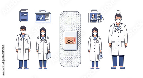 Healthcare Professionals and Medical Supplies Vector Illustration Featuring Doctors, Nurses, and Bandages in a Clean, Modern Style