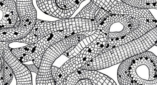 Abstract Snake Pattern, Black and White Reptile Illustration, Seamless Texture