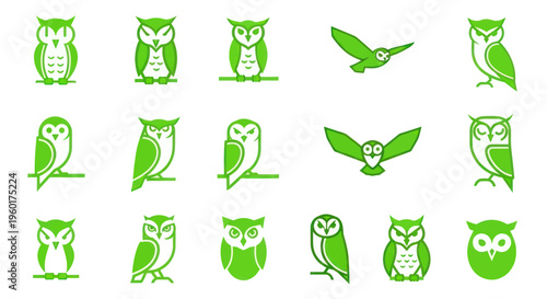 Green Owl Icons Set Vector Collection - Minimalist Bird Illustrations