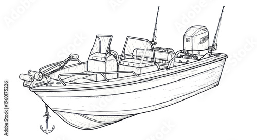 Fishing boat sketch, outboard motor, fishing rods, anchor, watercraft outline