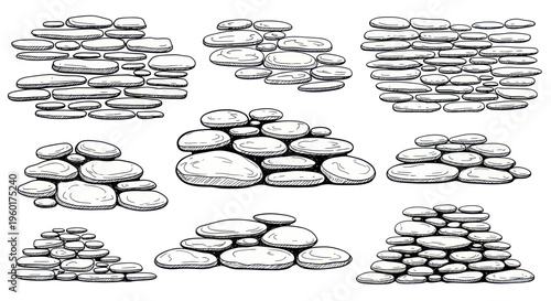Hand Drawn Stacked Pebbles Collection, Rough Sketch Stone Piles