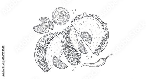 Hand-drawn Tacos with Lime and Chili Pepper - Mexican Food Illustration