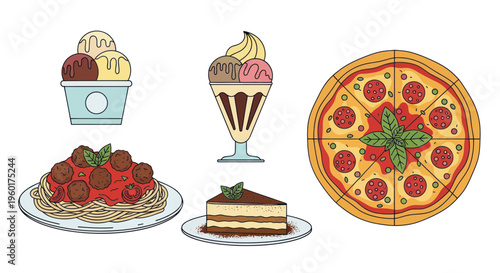 Italian Food Collage: Pizza, Spaghetti, Ice Cream, Cake