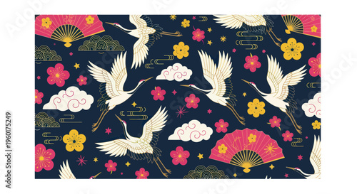 Japanese Crane Birds Pattern with Fans and Flowers on Dark Blue Background