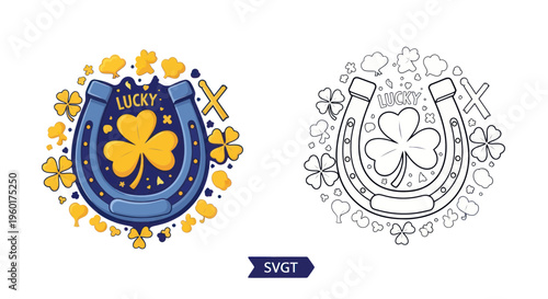 Lucky Horseshoe with Shamrock and Four Leaf Clovers - St. Patrick's Day Symbol