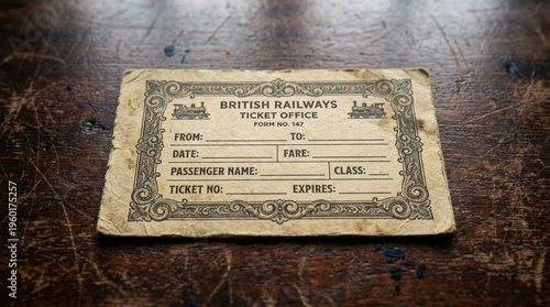 Fotografie Vintage Blank Railway Ticket Resting On Scratched Wooden Surface