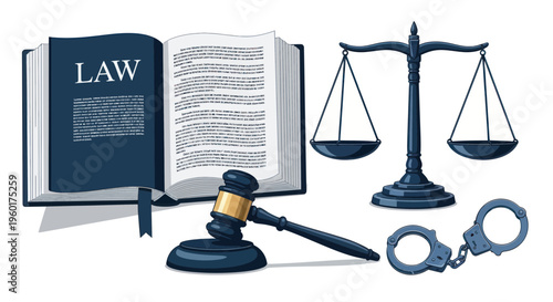 Justice Scales, Gavel, Law Book, and Handcuffs: Symbols of Legal System and Justice