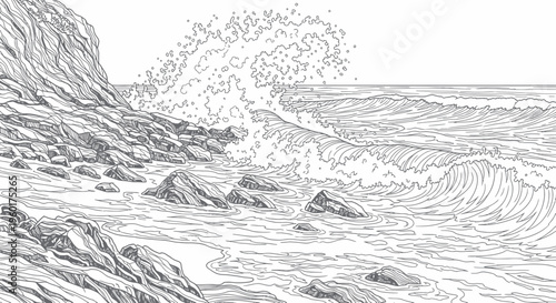 Ocean waves crashing on rocky shore, black and white line drawing illustration.