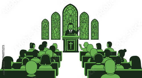 Pastor Preaching Sermon to Congregation in Church Auditorium with Stained Glass Windows