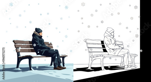 Person sitting on a snow-covered park bench in winter, with falling snowflakes.