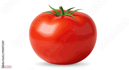 Ripe Red Tomato with Green Stem and Leaves, Isolated on White Background