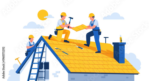 Roofers working on house roof repair construction, sunny day, illustration