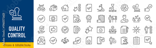 Quality Control web icons in line style. Certified, inspect, manufacture, production, analysis, collection. Vector illustration.