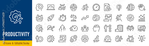 Productivity web icons in line style. Efficiency, goal, performance, organization, process, collection. Vector illustration.