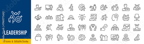 Leadership web icons in line style. Vision, teamwork, goal, strategy, skill, collection. Vector illustration.