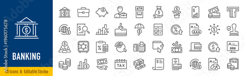 Banking web icons in line style. Bank, income, atm, money, payment, collection. Vector illustration.