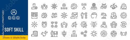 Soft skills web icons in line style. Teamwork, creativity, communication, problem-solving, management, collection. Vector illustration.