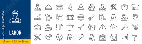Labor web icons in line style. Labor day, construction, worker, gear, job, collection. Vector illustration.