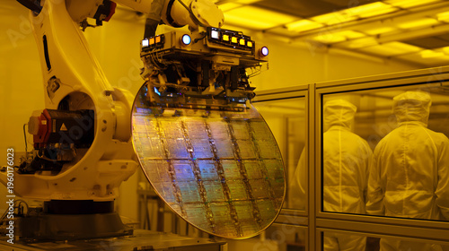 Robotic arm holding silicon wafer inside yellow-lit semiconductor cleanroom with technicians in bunny suits behind glass, high-tech microchip fabrication and automation.