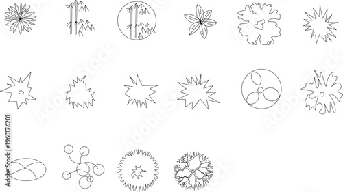 Technical architectural plan view symbols showing various trees, bamboo, shrubs and plants with different canopy patterns for landscape design.