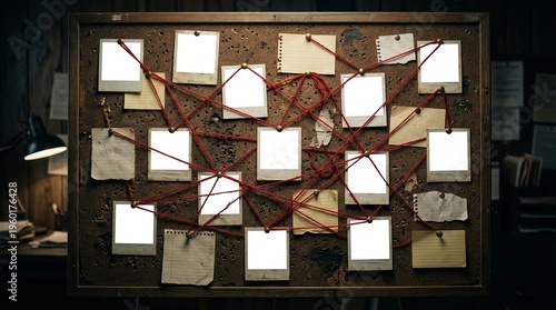 Canvas Print Blank Photos Pinned On Detective Investigation Board With Red String