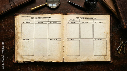 Foto Open Vintage Fingerprint Record Book Resting On Wooden Desk
