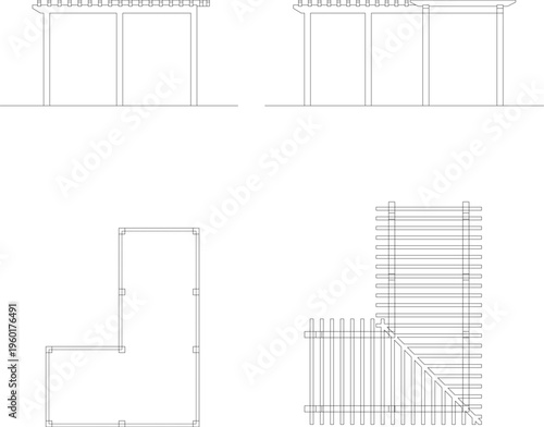Technical architectural drawings showing fence and pergola structure with elevation views, L-shaped plan layout and detailed slat construction.