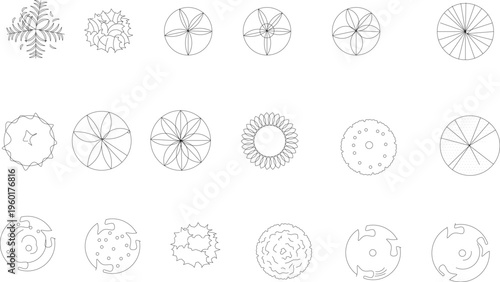 Technical architectural plan view symbols showing various trees, shrubs and plants with different canopy patterns for landscape design.