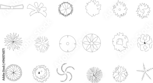 Technical architectural plan view symbols showing various trees, shrubs and plants with different canopy patterns for landscape design.