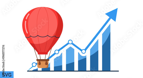 Hot Air Balloon Ascends Over Growing Business Bar Chart with Upward Arrow