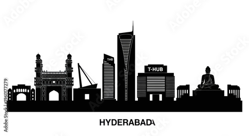 Hyderabad Skyline Silhouette - Iconic Landmarks in Black and White