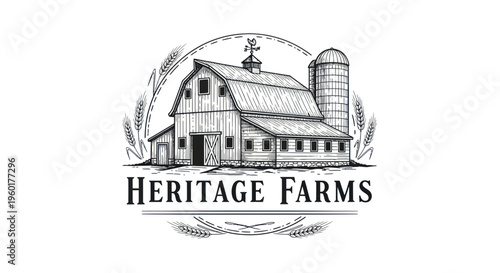 Vintage Barn and Silo Emblem with Wheat Stalks and Weather Vane - Heritage Farms Logo