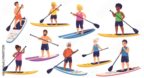 Diverse Group of People Paddleboarding on Water, Summer Activity
