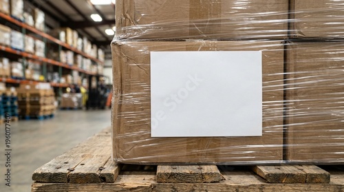 Quadro su tela Shrink Wrapped Cardboard Boxes With Blank Label On Wooden Pallet