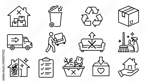 Decluttering and Junk Removal Line Icons – House Clearance, Moving and Cleaning Service Set
