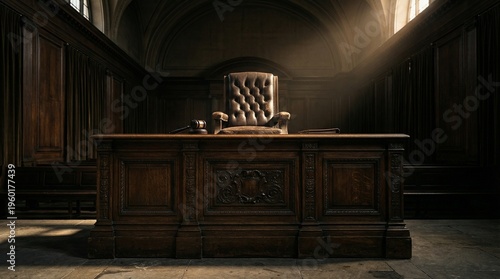 Tableau sur toile Empty Courtroom With Judges Desk And Leather Chair Under Cinematic Light