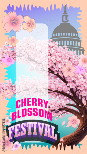 Colorful cherry blossom tree Capitol Washington DC spring festival poster