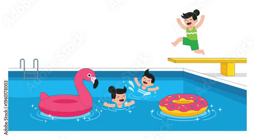 Children Enjoying Summer Fun in a Swimming Pool with Inflatables
