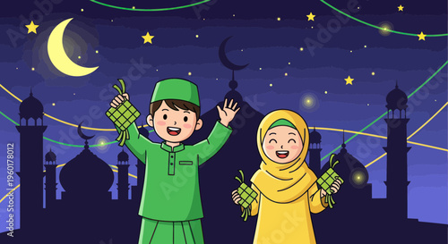 Happy Kids Celebrating Eid al-Fitr with Ketupat and Mosque Background