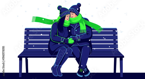 Couple Embracing on a Snowy Bench, Sharing a Warm Scarf
