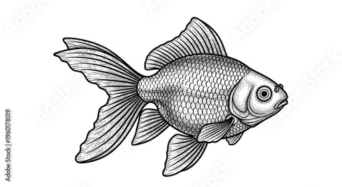 Detailed Black and White Illustration of a Goldfish
