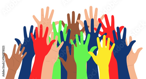 Diverse Hands Raised Up - Unity, Community, Volunteering, Election, Voting, Support