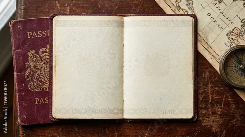 Принти на полотні Open Passport With Blank Pages Lying Next To Vintage Map And Compass