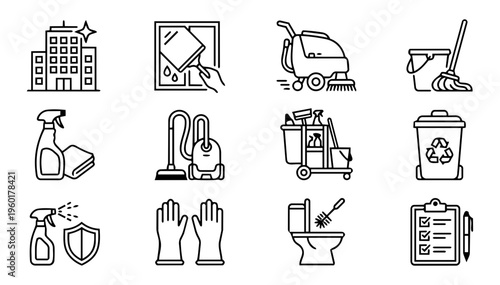 Building Cleaning Service Line Icons – Janitorial, Facility and Maintenance Outline Set
