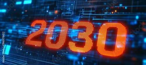 Futuristic Technology Trends Forecast for 2030 with Glowing Inscription and Abstract Background