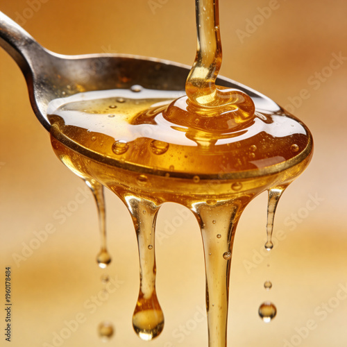 Golden honey pouring into spoon
