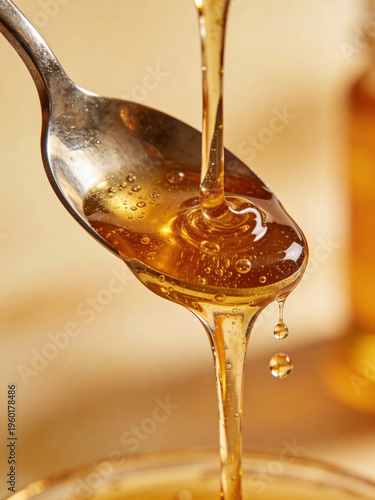 Golden honey is pouring onto a metal spoon