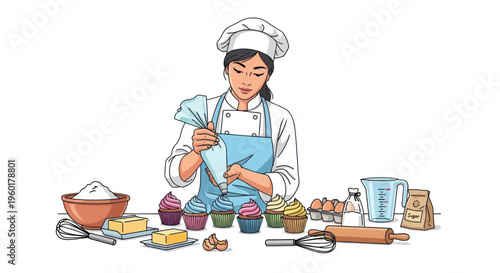 Baker decorating cupcakes with frosting, baking ingredients and tools