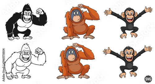 Cartoon Primates: Gorilla, Orangutan, Chimpanzee Silhouettes and Illustrations