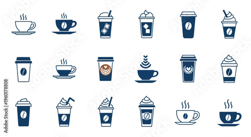 Coffee Cup Icons Set - Hot Drinks, Takeaway, Cafe, Barista